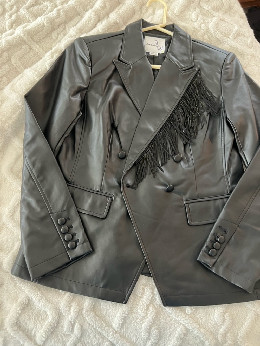 Sam Edelman Leather Fringe Double-Breasted Blazer Jacket - Black